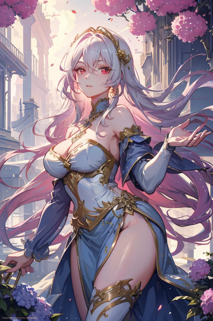 (very delicate, Masterpiece, Excellent lighting and shadows, HD wallpaper 8K), woman, 16 years old, white hair, red eyes, has large angel wings, wide hips, Medium bust, Big eyes, pink cheeks, plump lips, wearing a goddess costume, The cloth fluttered in the wind., Long fabric, holding a long spear of light, on the rooftop, Among the hydrangeas, Bright tone, There is a gold tattoo on his right arm..