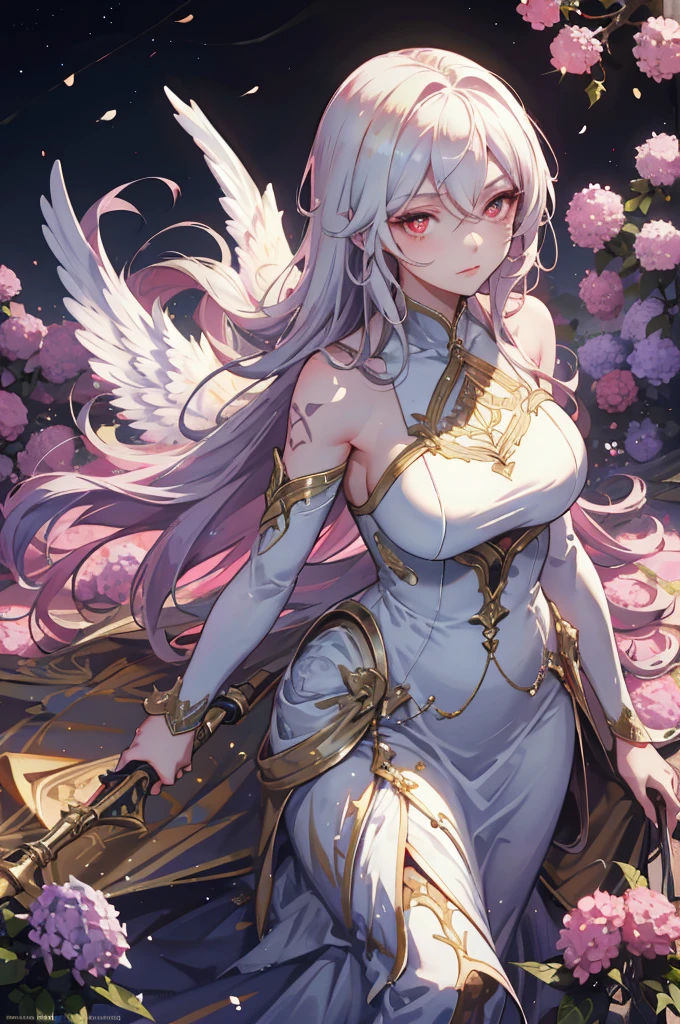 (very delicate, Masterpiece, Excellent lighting and shadows, HD wallpaper 8K), woman, 16 years old, white hair, red eyes, has large angel wings, wide hips, Medium bust, Big eyes, pink cheeks, plump lips, wearing a goddess costume, The cloth fluttered in the wind., Long fabric, holding a long spear of light, on the rooftop, Among the hydrangeas, Bright tone, There is a gold tattoo on his right arm..