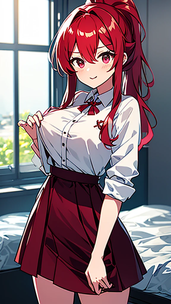 high tail hairstyle, Ponytail hairstyle, Long wavy black hair, standing posing, anime girl style, pixel art anime style,penetrating look with deep eyes,red and purple eyes, hair with a ponytail hairstyle trapped with a big red bun, Women, red hair clips, x color shaped hair clips , short white shirt, smooth receptionist miniskirt, smiling face blush, standing in his bedroom, next to his bed, receptionist clothes, lifting her skirt, grabbing her skirt with her hands to lift it up, letting her look at her underwear. 