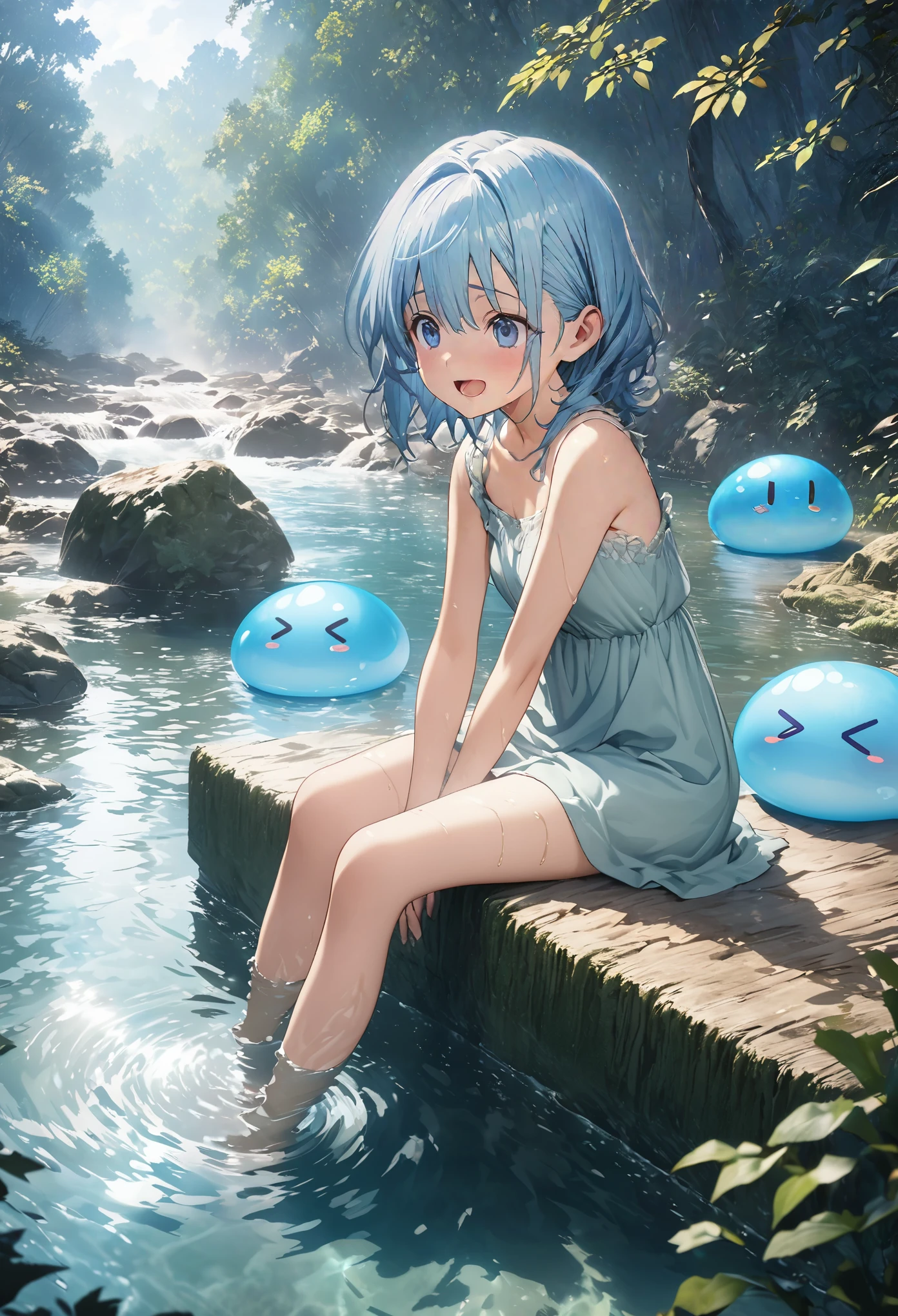 masterpiece, best quality, extremely detailed CG unity 8k wallpaper, A small blue-haired boy is sitting on the banks of a clear blue river in the middle of a natural forest. A cute slime with a lot of expressions is bathing there. A very cool anime illustration. Realistic expression of flowing water. 3Dアート