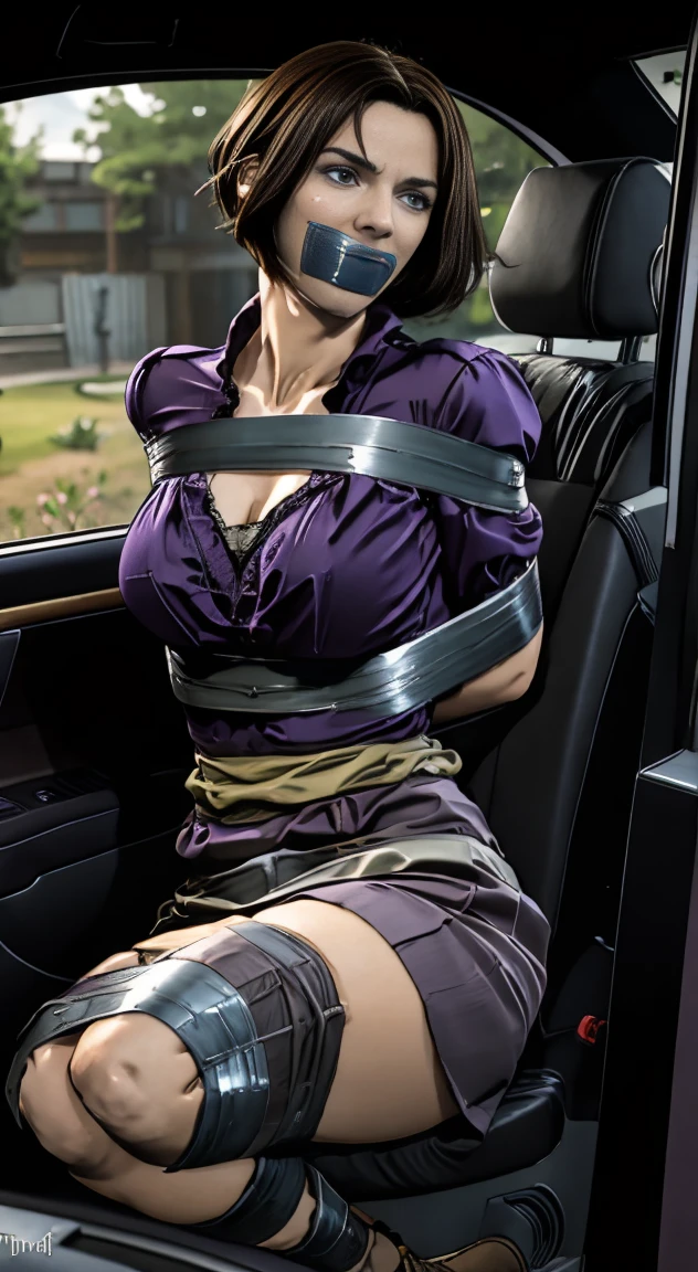 Highest quality, masterpiece, high resolution, 8k, cinematic lighting, sharp resolution, medium shot, 1 woman with chin length hair, short hair, dark bob cut, thick hair, center part, underc, stacked bob, voluminous hair, luxurious hair, in her 30s, purple blouse, knee length, skirt, dark stockings, and calf boots, baggy blouse, wrinkled clothing, detailed face, looking at viewer, focus on face, photo realistic, character, video game cut scene, smooth, anime, detailed face, perfect skin, beautiful, Insanely detailed, close up, taped mouth, ((tape gag): 1.4), gag, ((gagged)), (((arms bound behind back))), elbows taped, wrists taped, desperate struggle, thrashing, arched back, in vehicle, in car seat, being taken away, driven away, abducted, frightened, pleading eyes, desperate escape attemp