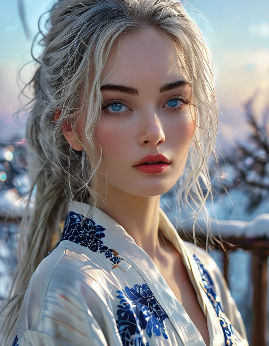 Bombshell beauty, close up of face, young woman, 22 year old woman, young, woman who looks like a model from Paris Fashion Week, silver long hair, silver eyebrows, blue eyes, beautiful detailed eyes, white skin, absurdly long hair,perfect face, high resolution, sharp focus, ultra detailed, highly detailed, photorealistic artwork, highly detailed CG unity, 8k, wallpaper, vibrant colors, vibrant themes, exquisite, masterpiece, best quality, artistic photography, photo by sldr, exquisite background) perfectly rendered face, perfect facial details, realistic face, photorealistic, exquisite details, realism, snowstorm, full body, paint toes, wide field of view, background is snowy mountains, full moon night, white kimono
