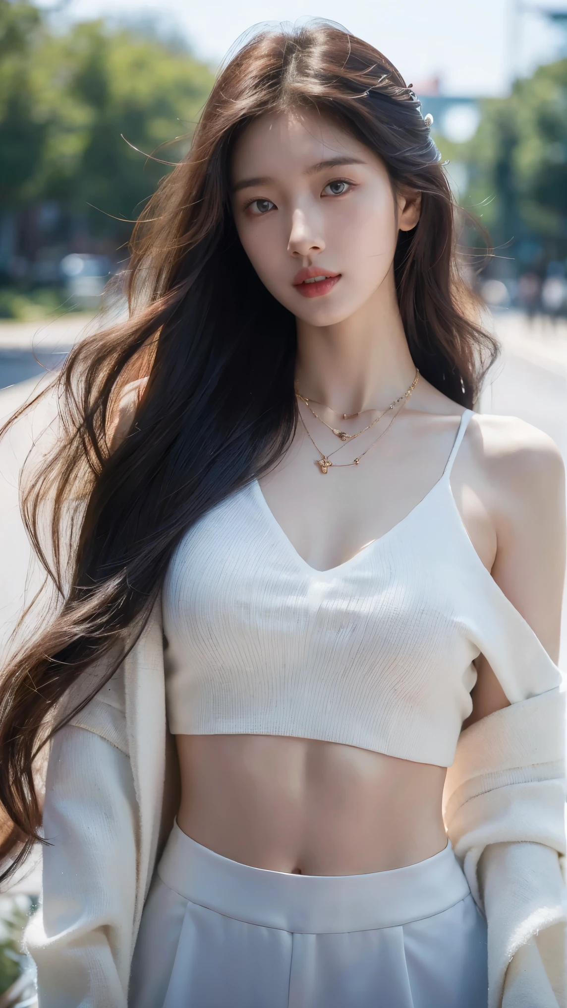8K, masterpiece, RAW photos, best quality, Reality, extremely detailed CG unity 8K wallpaper, Depth of Field, light, lens flare, Ray Tracing, (Extremely beautiful face, Beautiful lips, beautiful eyes), Complex facial details, ((Ultra-delicate skin), Beautiful 1 girl best quality photos， Ultra-high resolution， （Realistically：1.4），Cute hairpin，1 Girl，Red long hair,Cropped sweater ，Beautiful slim woman:1.4, Visible abdominal muscles:1.4, on the island,Ultra-thin face，Exquisite eyes，Double eyelids，Necklace