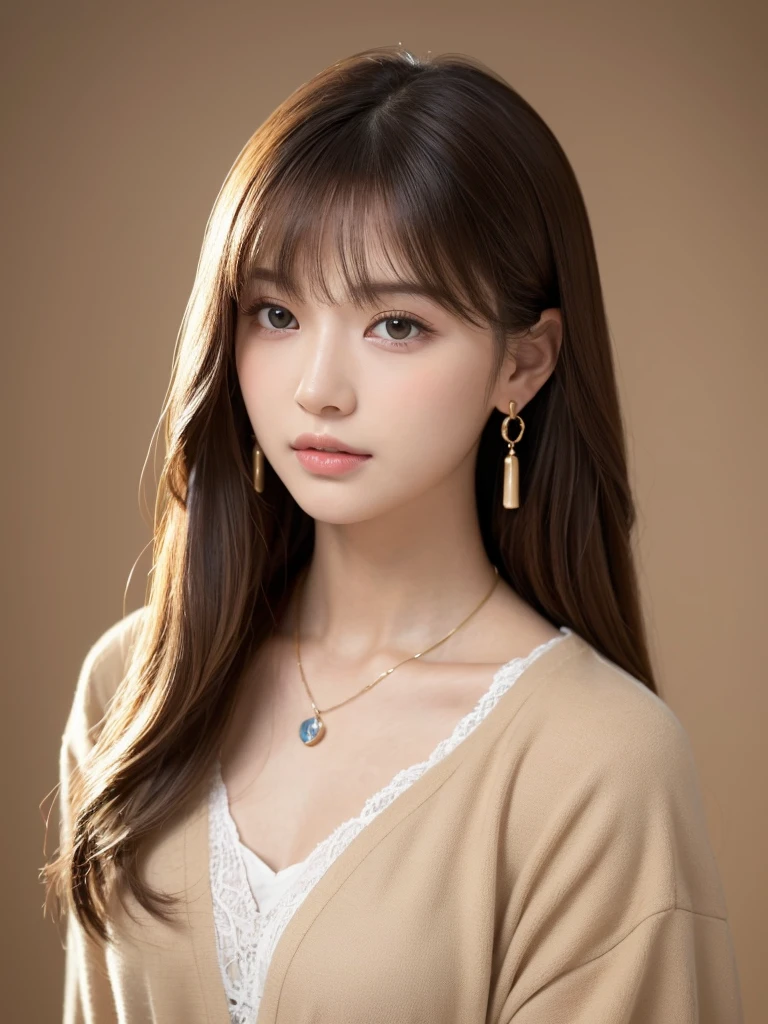  ((Highest quality, 8K, masterpiece:1.3)), concentrate: 1.2, Perfect body beauty: 1.4, Hips: 1.2, ((Long Hair, chest: 1.2)), (Dry clothes: 1.1) , (clear, Simple Background:1.3), Simple clothes: 1.1, Highly detailed face and skin texture,Delicate eyes, double eyelid, Whitened skin, Rough skin、Long Hair、Earrings with bangs、necklace、 solo、Beige coat、White shirt,  (((Beautiful girl with cute Japan)))、  ((Beautiful Japanese girl 20 years old))、 ((Baby Face))、 (((Slender body)))、  Upper Body，Face focus、necklace，Simple Background，From above， Realistic Hair、 A photograph was taken:Canon EOS R6、135mm、1/1250 seconds、f2.8、ISO400、(Detailed explanation of the hand)、(Masseter muscle area)、(Exquisite CG)、Long Hair, loose and curly hair、Korean Hair、Long Hair明るいベージュ色、グラデーションハイライトグレージュのゆるふわLong Hairスタイル、