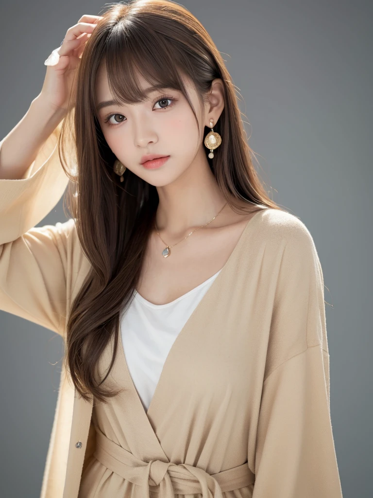 ((Highest quality, 8K, masterpiece:1.3)), concentrate: 1.2, Perfect body beauty: 1.4, Hips: 1.2, ((Long Hair, chest: 1.2)), (Dry clothes: 1.1) , (clear, Simple Background:1.3), Simple clothes: 1.1, Highly detailed face and skin texture,Delicate eyes, double eyelid, Whitened skin, Rough skin、Long Hair、Earrings with bangs、necklace、 solo、Beige coat、White shirt, (((Beautiful girl with cute Japan)))、 ((Beautiful Japanese girl 20 years old))、 ((Baby Face))、 (((Slender body)))、 Upper Body,Face focus、necklace,Simple Background,From above, Realistic Hair、 A photograph was taken:Canon EOS R6、135mm、1/1250 seconds、f2.8、ISO400、(Detailed explanation of the hand)、(Masseter muscle area)、(Exquisite CG)、Long Hair, loose and curly hair、Korean Hair、Long Hair明るいベージュ色、グラデーションハイライトグレージュのゆるふわLong Hairスタイル、