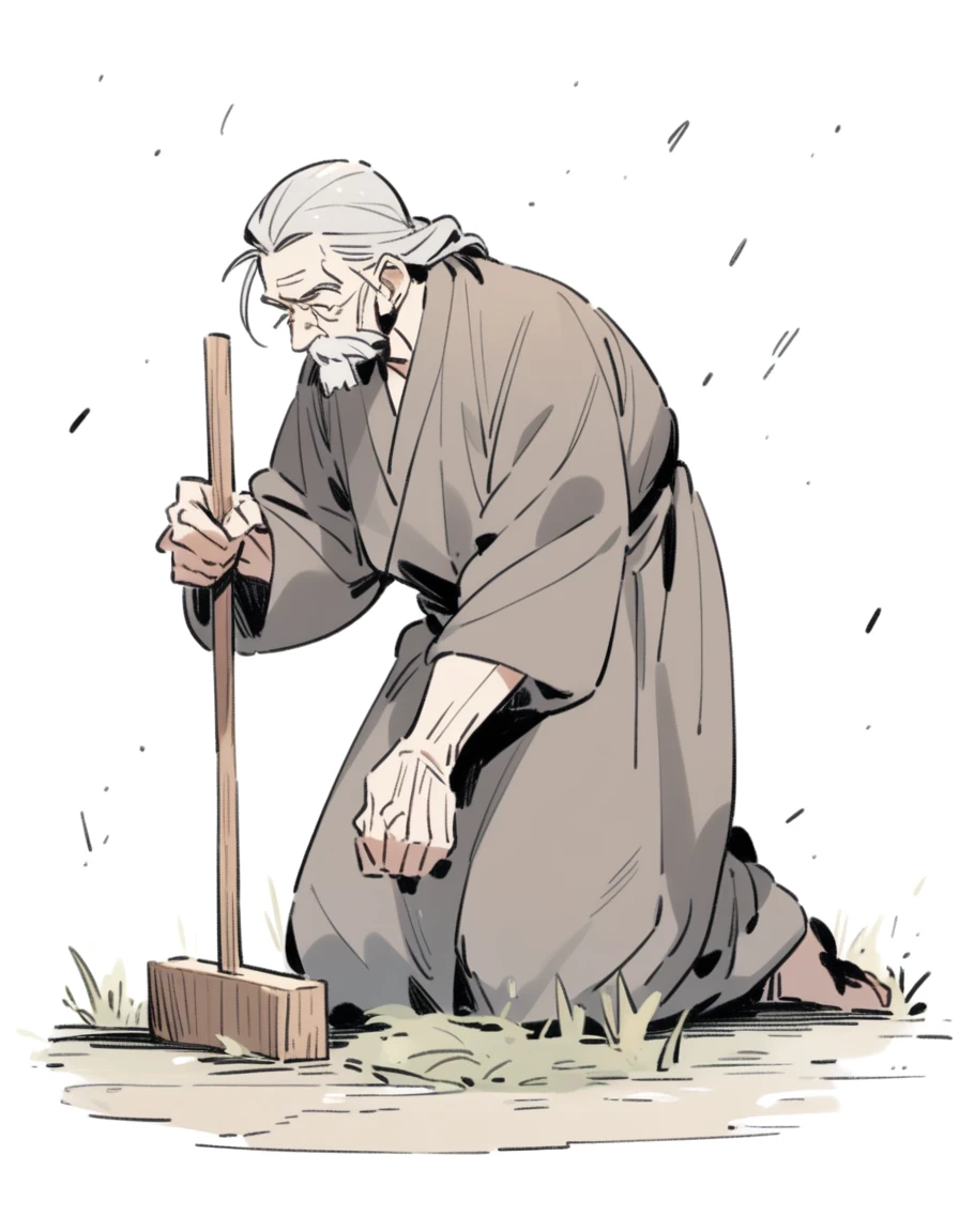 old man in ancient robe kneeling hammering a small wooden stake into the ground 