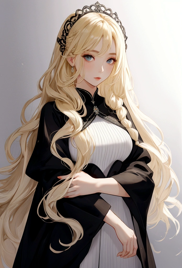 Full-length portrait of a woman with long blonde hair、Black knitted dress、Background white、