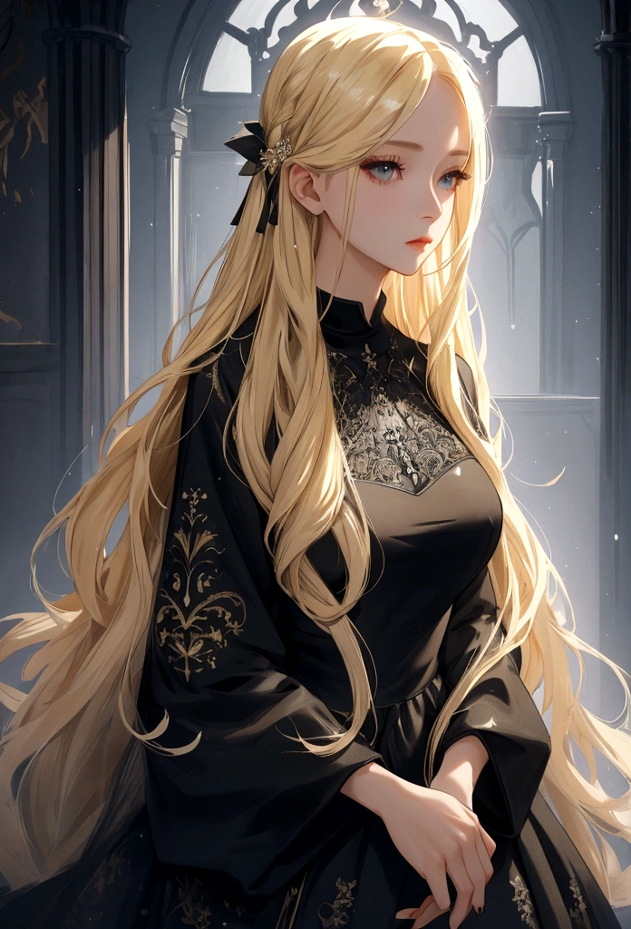 Full-length portrait of a woman with long blonde hair、Black knitted dress、Background white、