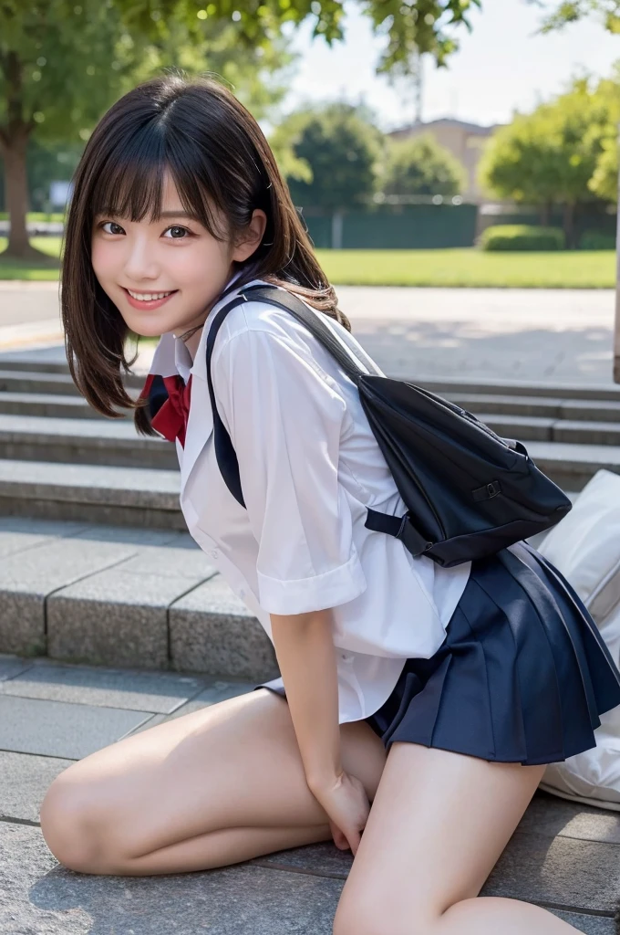 (Highest quality,8K quality,masterpiece:1.3),(超A high resolution,Photorealistic:1.4,RAW Photos),(Very detailed,Caustics,Detailed Background),(Ultra-Realistic Capture,Fine and beautiful skin,Perfect Anatomy),Daytime,School,Schoolyard,18-year-old,cute,single eyelid,Black Hair,Schoolのブレザーの制服,Laughter,Bust up shot,Natural soft light,photorealistic,I can see your feet,b-cup,Erotic,cute下着,I can see your underwear