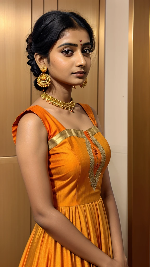Stunning Bengali woman in an orange anarkali dress with golden borders, classic updo hairstyle, minimal makeup, direct eye contact.