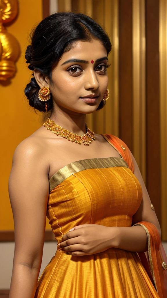 Stunning Bengali woman in an orange anarkali dress with golden borders, classic updo hairstyle, minimal makeup, direct eye contact.