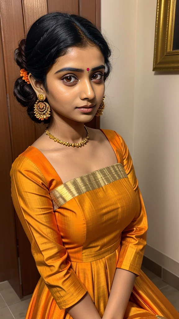 Stunning Bengali woman in an orange anarkali dress with golden borders, classic updo hairstyle, minimal makeup, direct eye contact.