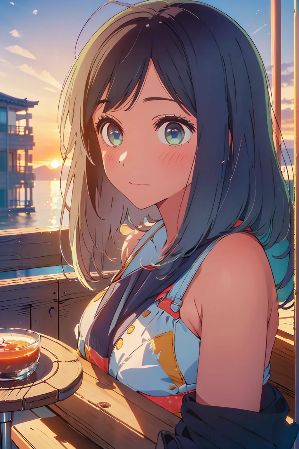 (Highest quality:1.4、masterpiece:1.4、Super detailed:1.4、8K:1.4)、F cup bust、Big Breasts、Slim body、((((1 person、Surprised expression、sit、In the background are the urban buildings of Tokyo、looking at the camera、Outdoor café terrace、coastal、Navy hair color、Shooting from an angle、juice、table、Sunset Beach、sunset、Very cute face))))、(((nude、Areola、bikini)))、Big eyes、((((Shallow depth of field))))、juiceの入ったグラスを持つ