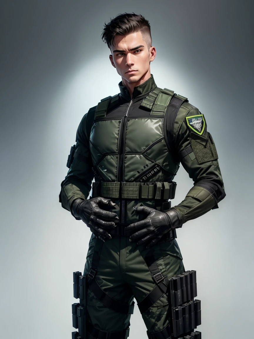 1 man, 25-year old, character of the game Cal of Duty Modern Warfire stands calmly, wearing green camouflage combat suit, (black bulletproof vest: 1.3), black half-gloves, (grenade belt: 1.3), stunning, tall, Dark hair, buzz cut, (full length:1.5), (free hands:2)