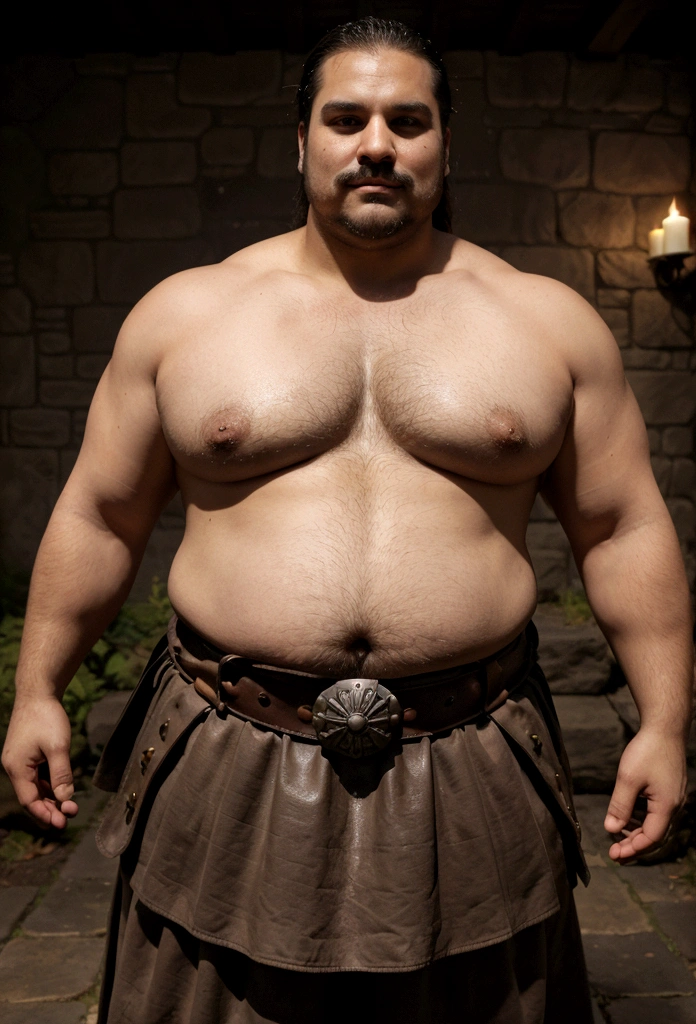 Body type: Very large and robust, with significant amounts of body fat. Shape: The body has a rounded and full shape, with pronounced curves and a prominent belly. The chest is large and slightly saggy, consistent with the overall body size. Skin tone: Warm, medium olive complexion. Face: Shape: Round and full with soft lines. Eyebrows: Thick, dark eyebrows that contrast with the skin tone. Mustache: Prominent, well-groomed Mexican-style mustache that adds personality to your face. Expression: Cheerful and approachable, with a wide smile that conveys warmth and friendliness. Hair: Style: Short, black hair with a noticeable fringe that falls over the forehead. Texture: Thick and slightly wavy, contributing to the overall robust appearance. Body Hair: Visible body hair, particularly on the chest and possibly the abdomen and arms, contributing to a more natural, unrefined appearance. Clothing and accessories: Main: Shirtless: Highlighting his big, full chest. Shoulder Armor: One shoulder is covered in animal fur, reminiscent of styles seen in Game of Thrones. The fur is thick, coarse, and slightly matted, with visible leather straps holding it in place. Bottom: Gladiator Skirt: High waist, made of thick, dark leather. Design: The skirt has a sturdy and practical look, with straps and buckles, perfectly fitting the wide waist and muscular legs. Accents: Possibly adorned with small details or metal studs, adding to the warrior aesthetic. Bottom: Context: Environment: A dark, medieval-inspired environment with elements like stone walls, dim torches, or a misty forest setting. Atmosphere: Gritty and intense, with a sense of mysticism and ancient warfare...harsh man in a leather outfit holding a knife and knife, wearing loincloth, loincloth, Peter Griffin body type, an OBESE, Strong and fat body bacchanalia, shirtless male technoviking, photo of an adult male warrior, loincloth, OBESE, Fat belly, male barbarian, skimpy leather armor, OBESE )