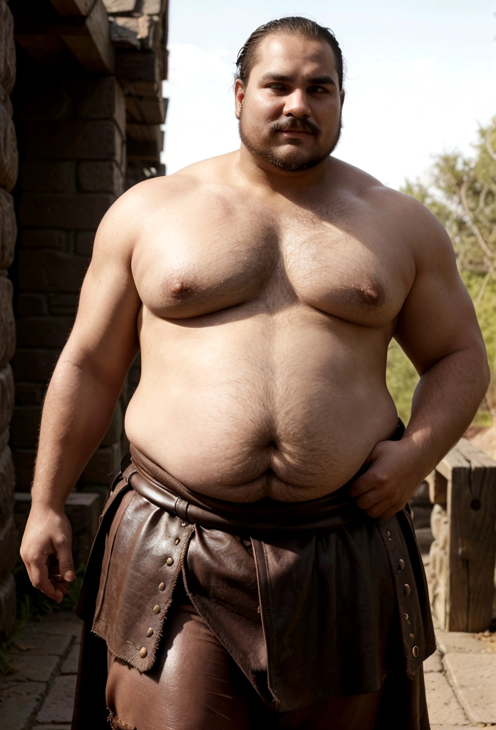 Body type: Very large and robust, with significant amounts of body fat. Shape: The body has a rounded and full shape, with pronounced curves and a prominent belly. The chest is large and slightly saggy, consistent with the overall body size. Skin tone: Warm, medium olive complexion. Face: Shape: Round and full with soft lines. Eyebrows: Thick, dark eyebrows that contrast with the skin tone. Mustache: Prominent, well-groomed Mexican-style mustache that adds personality to your face. Expression: Cheerful and approachable, with a wide smile that conveys warmth and friendliness. Hair: Style: Short, black hair with a noticeable fringe that falls over the forehead. Texture: Thick and slightly wavy, contributing to the overall robust appearance. Body Hair: Visible body hair, particularly on the chest and possibly the abdomen and arms, contributing to a more natural, unrefined appearance. Clothing and accessories: Main: Shirtless: Highlighting his big, full chest. Shoulder Armor: One shoulder is covered in animal fur, reminiscent of styles seen in Game of Thrones. The fur is thick, coarse, and slightly matted, with visible leather straps holding it in place. Bottom: Gladiator Skirt: High waist, made of thick, dark leather. Design: The skirt has a sturdy and practical look, with straps and buckles, perfectly fitting the wide waist and muscular legs. Accents: Possibly adorned with small details or metal studs, adding to the warrior aesthetic. Bottom: Context: Environment: A dark, medieval-inspired environment with elements like stone walls, dim torches, or a misty forest setting. Atmosphere: Gritty and intense, with a sense of mysticism and ancient warfare...harsh man in a leather outfit holding a knife and knife, wearing loincloth, loincloth, Peter Griffin body type, an OBESE, Strong and fat body bacchanalia, shirtless male technoviking, photo of an adult male warrior, loincloth, OBESE, Fat belly, male barbarian, skimpy leather armor, OBESE )