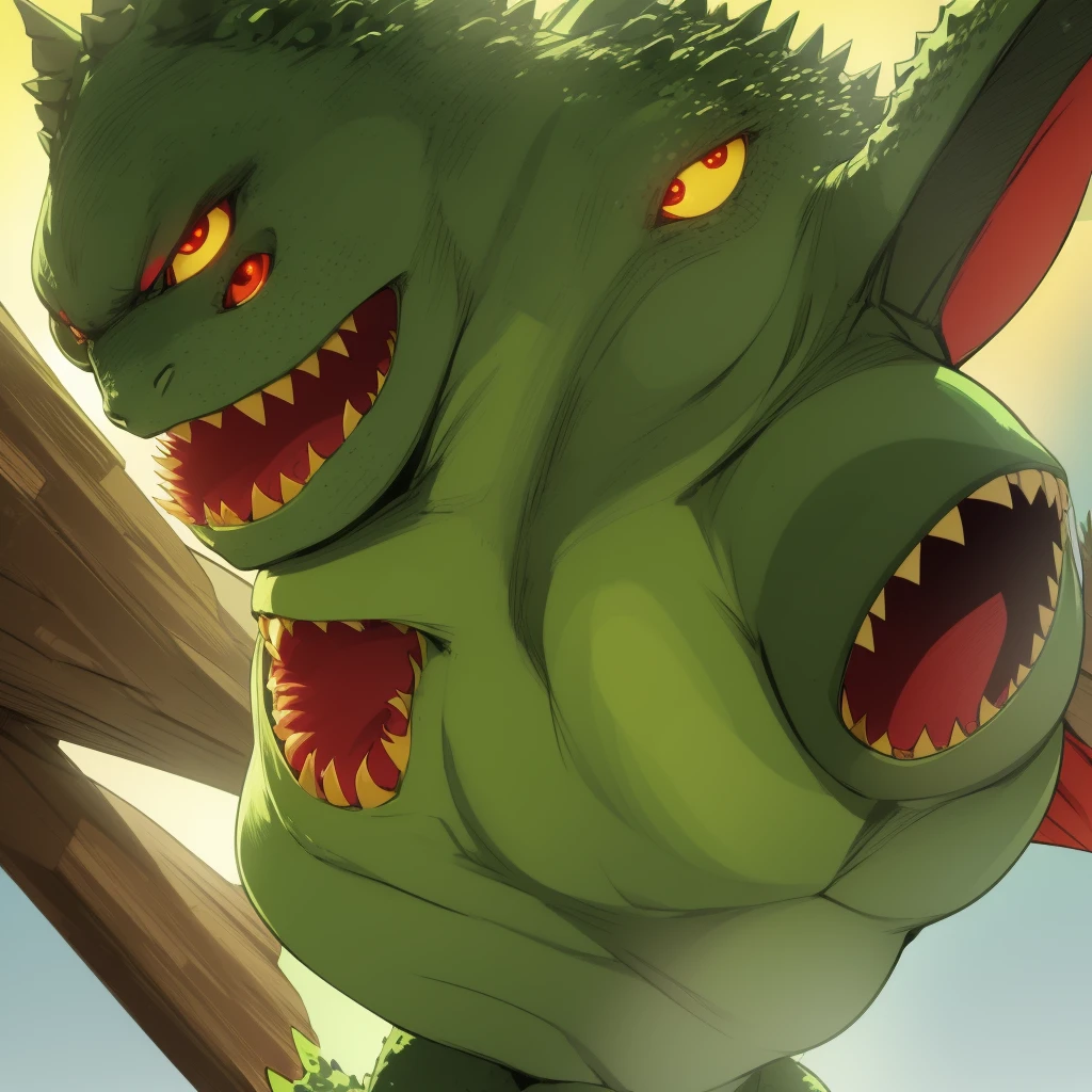 Baby Godzilla Junior, green body, red eyes, yellow belly, yellow dorsal plates, anime, color manga, anime scenery, 2D strokes, smaller, childish, friendly, very cute, much loved baby