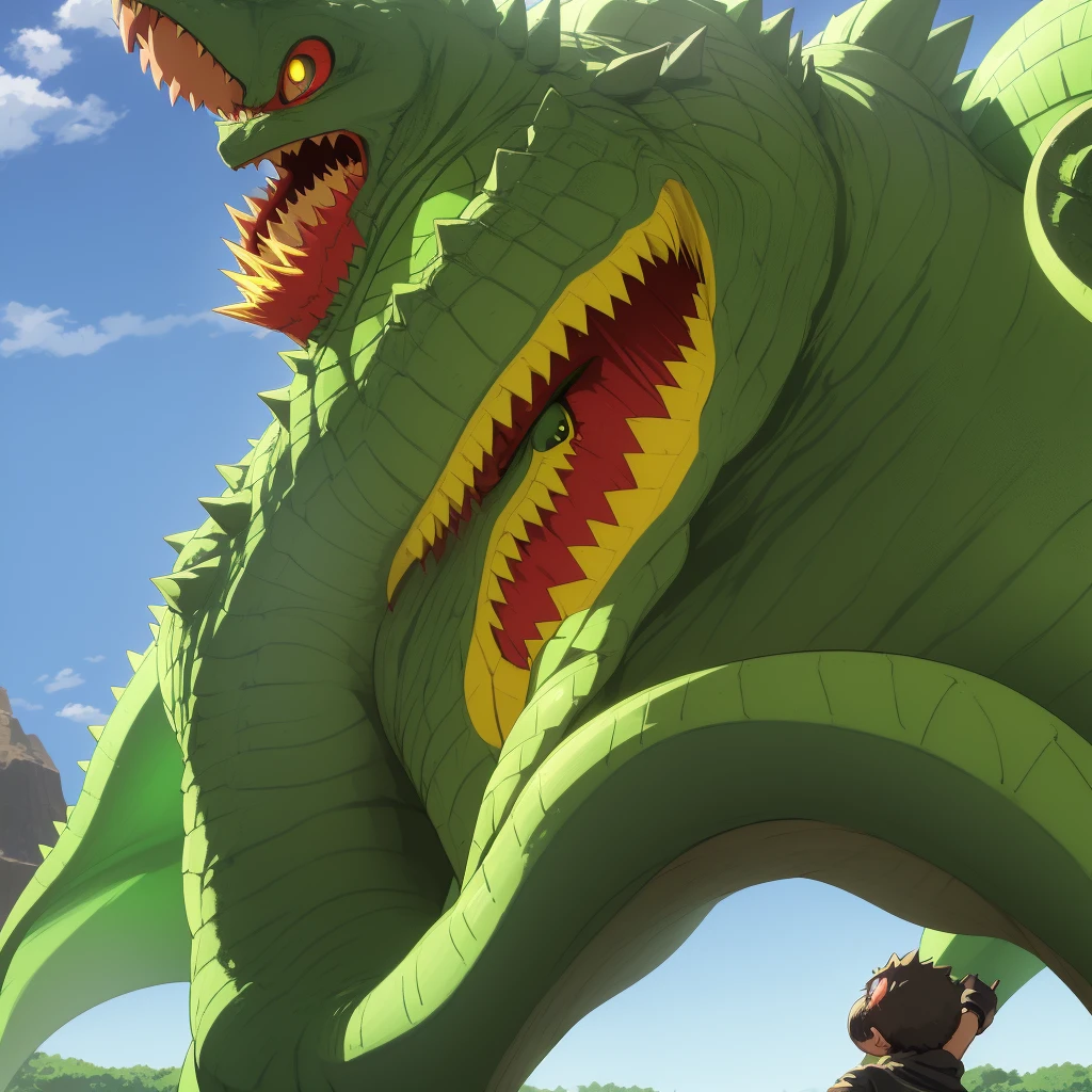 Godzilla Junior, green body, red eyes, yellow belly, yellow dorsal plates, anime, color manga, anime scenery, 2D strokes, smaller, childish, friendly, very cute, much loved baby