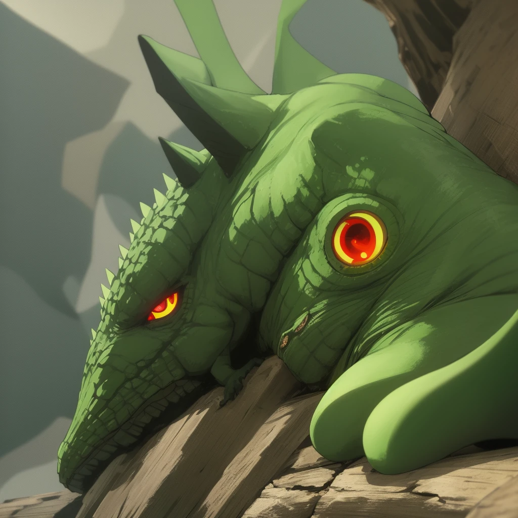 Baby Godzilla Junior, green body, red eyes, yellow belly, yellow dorsal plates, anime, color manga, anime scenery, 2D strokes, smaller, childish, friendly, very cute, much loved baby