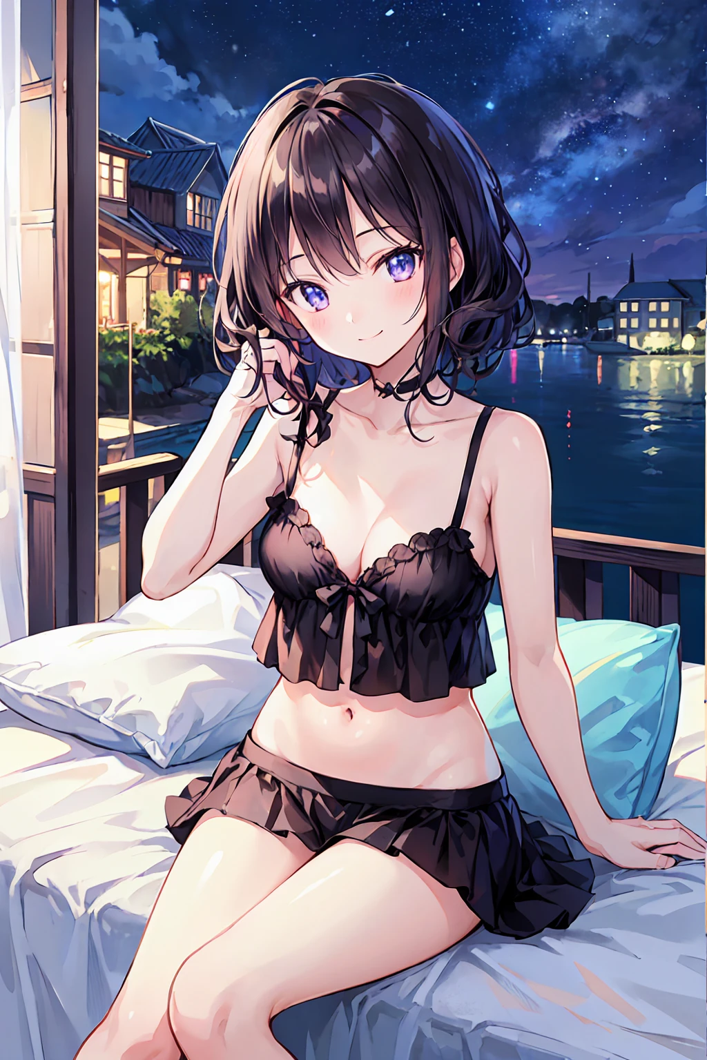 （Pretty Girl:1.3）、 smile,初summerの雰囲気、summer、Sleeping in bed、Before bedtime、Shining Night Sky，，Ultra HD，Fine skin，Black Hair，Small breasts