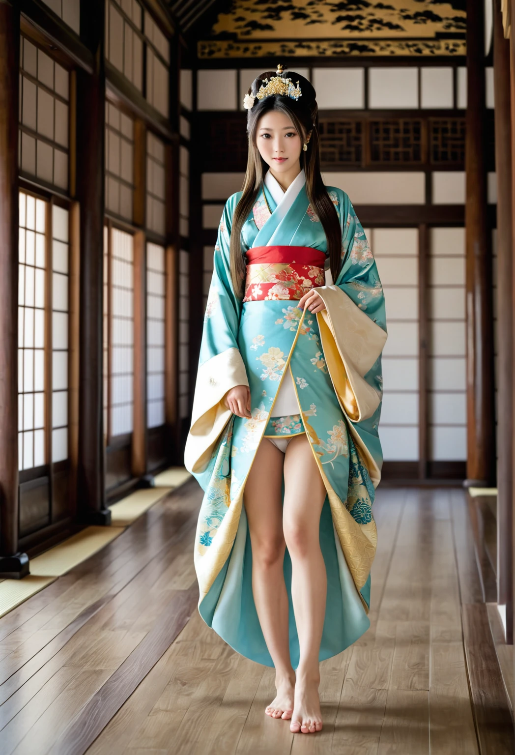 Japanese, in national dress, loose hair, beautiful, barefoot, bare legs, empress, Full length photo, in a palace