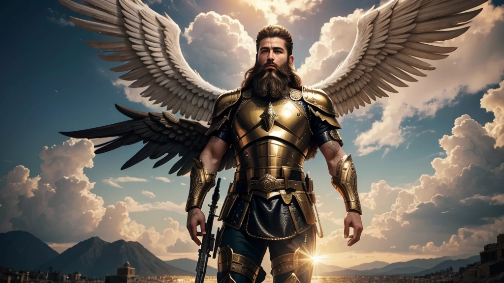 God's Angel, Anjo Masculino de GOD, God's golden Army, naughty man, Masculine Male, mighty, Jewish Hebrew Beard, Detailed Realistic God's Angel, photorrealistic, ultrahd, fotorrealism, epic, armour de Guerra, Soldier's Clothing, warrior de GOD, warrior, Macho warrior, battle angel, Forte Angel de GOD, Divina armour de Guerra, Dress for Battle, Spiritual war, Batalha Espiritual, Spiritual Battle Angel, epic warrior do Altíssimo, photorealistic landscape, golden sunset, sky, sky Power, Detailed realistic sunset, mountainous landscape, Rivers of water, sunset Realism, alone men, GOD man, Man's beard, GOD's Army Angel, armour Divina, golden Army, Silver Army, armour, Soldier Angel, Detalhes photorrealistics, GOD's angel masculino, GOD's Army, GOD's Hebrew, GOD's Strong Angel, GOD's Power, angel masculino, male man, Camisa padoru, elegant shirt, Closed blouse, closed shirt, long-sleeved shirt, golden, Tunica, GOD'angel, barba, naughty man com barba, Large Beard, Barba Judaica, Hebrew, panorama, Alpha Male, Caminho para o sky, heavenly, 8K Detailed Realistic Image, 16K Photorealistic Contrast, 8K Photorealistic Sharpness, Photorealistic 4K cores, 16K Photorealistic Shadows, 8K Photorealistic Textures, 16K Photorealistic Texture, 4K Photorealistic Light, fotorrealism 4K, FullHD 4K Detailed Contrast, detailed sharpness FullHD 8K, detailed sharpness FullHD 4K, detailed sharpness, 2K detailed colors, lifelike colors, FullHD Detailed Shadows, 4K Detailed Textures, detailed texture, padoru, natural beautiful, posh