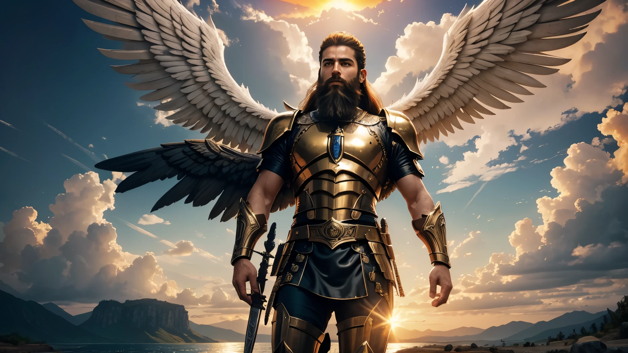 God's Angel, Anjo Masculino de GOD, God's golden Army, naughty man, Masculine Male, mighty, Jewish Hebrew Beard, Detailed Realistic God's Angel, photorrealistic, ultrahd, fotorrealism, epic, armour de Guerra, Soldier's Clothing, warrior de GOD, warrior, Macho warrior,
battle angel, Forte Angel de GOD, Divina armour de Guerra, Dress for Battle, Spiritual war, Batalha Espiritual, Spiritual Battle Angel, epic warrior do Altíssimo, photorealistic landscape, golden sunset, sky, sky Power, Detailed realistic sunset, mountainous landscape, Rivers of water, sunset Realism, alone men, GOD man, Man's beard, GOD's Army Angel, armour Divina, golden Army, Silver Army, armour, Soldier Angel, Detalhes photorrealistics, GOD's angel masculino, GOD's Army, GOD's Hebrew, GOD's Strong Angel, GOD's Power, angel masculino, male man, Camisa padoru, elegant shirt, Closed blouse, closed shirt, long-sleeved shirt, golden, Tunica, GOD'angel, barba, naughty man com barba, Large Beard, Barba Judaica, Hebrew, panorama, Alpha Male, Caminho para o sky, heavenly, 8K Detailed Realistic Image, 16K Photorealistic Contrast, 8K Photorealistic Sharpness, Photorealistic 4K cores, 16K Photorealistic Shadows, 8K Photorealistic Textures, 16K Photorealistic Texture, 4K Photorealistic Light, fotorrealism 4K, FullHD 4K Detailed Contrast, detailed sharpness FullHD 8K, detailed sharpness FullHD 4K, detailed sharpness, 2K detailed colors, lifelike colors, FullHD Detailed Shadows, 4K Detailed Textures, detailed texture, padoru, natural beautiful, posh