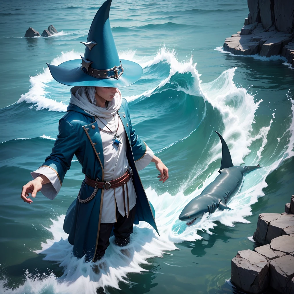 A SHARK WIZARD CONTROLLING THE WATER HE HAS A WIZARD HAT