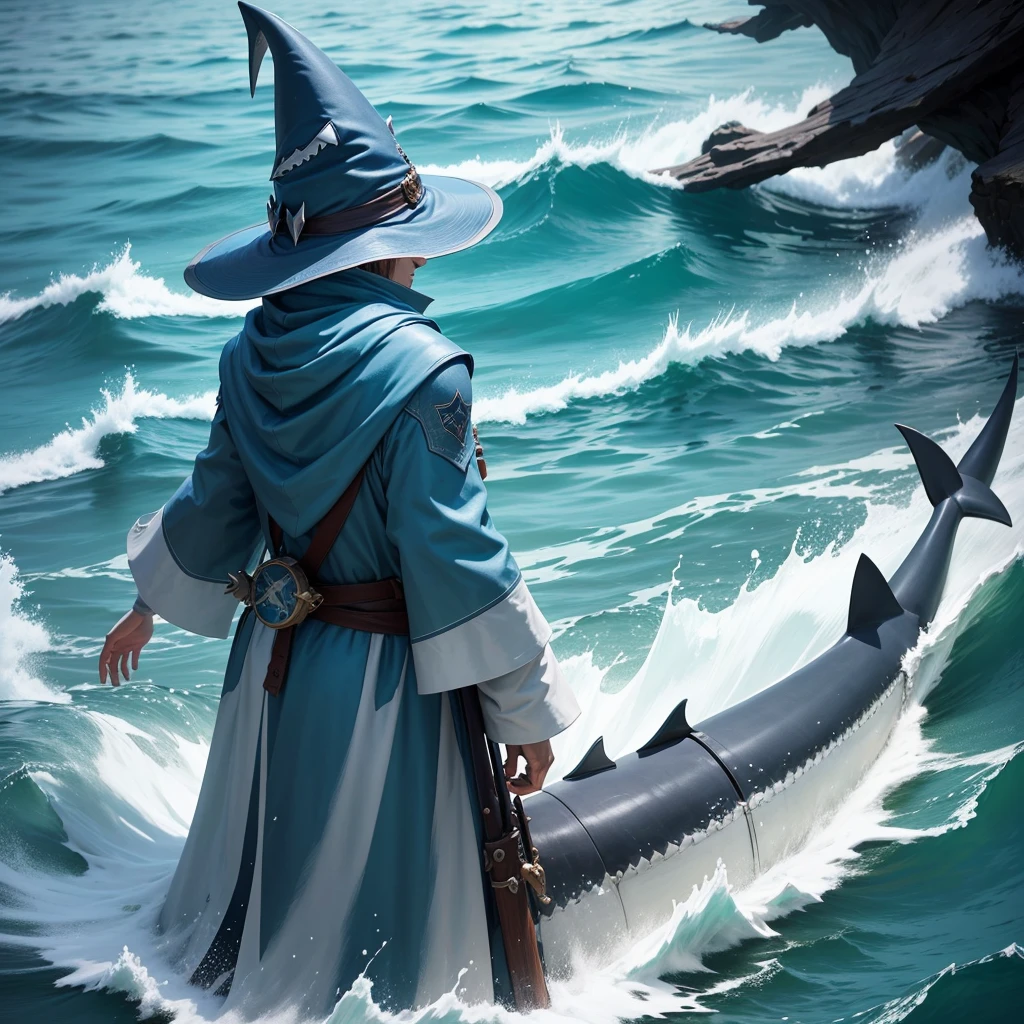 A SHARK WIZARD CONTROLLING THE WATER HE HAS A WIZARD HAT