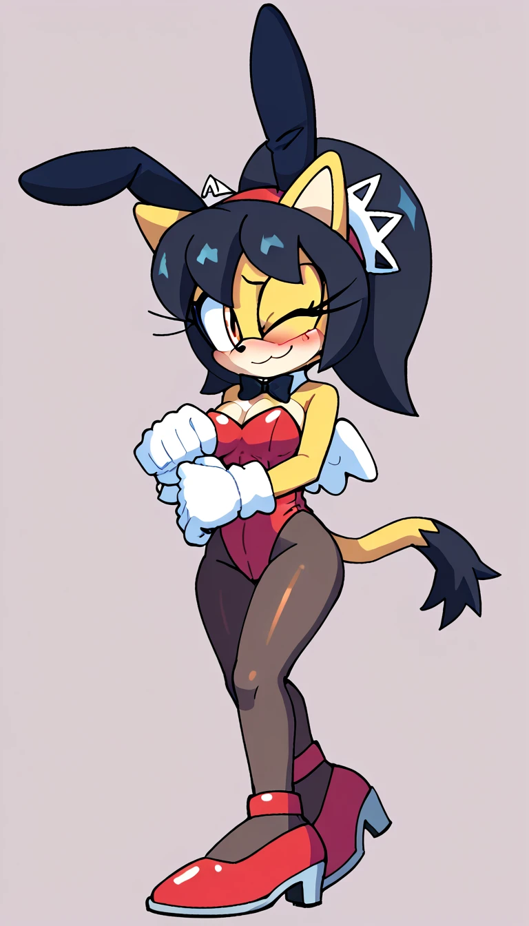 score_9, score_8_up, score_7_up, score_6_up, masterpiece, best quality, honey the cat, 1girl, solo, looking at viewer, smile, simple background, gloves, bare shoulders, closed mouth, full body, one eye closed, white gloves, high heels, leotard, bare legs, strapless, red makeup, highleg, playboy bunny, happy, red footwear, white bowtie, furry, highleg leotard, eyeshadow, strapless leotard, orange eyes, furry female, sonic the hedgehog \(series\), black pantyhose, covering body, shy, nervous, blush
