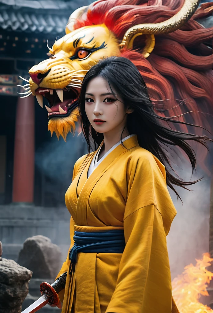 blood girl, and a huge fire yellow lion, made of smoke, wearing a warrior outfit complete with armor hovering around the ruins of an ancient temple, inspired by Japanese gods, carrying a huge divine sword, temple background, Japan, dark, horror vibes, , smoke , fire , big add some big snakes in the back , Japanese mythical god , evil smile , crazy eyes , blindfold , fuji color , high detail , high quality , accurate