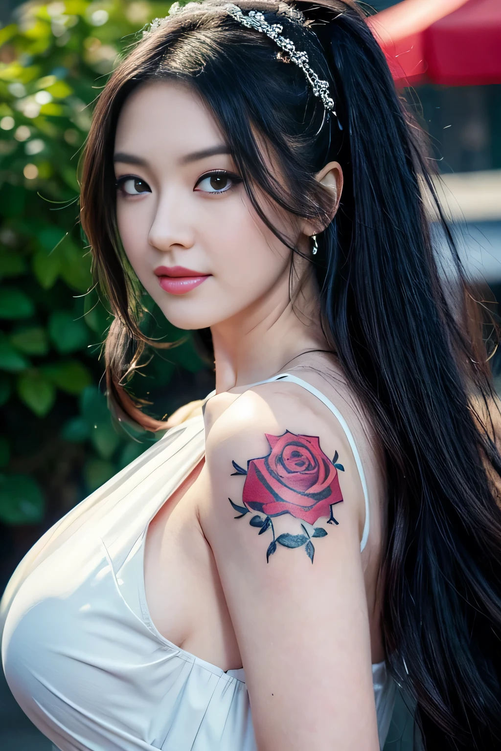 A beauty girl with long black hair and a white dress with red roses, big breast, chubby, tattoo on breast, detailed beautiful eyes, guweiz, guweiz on pixiv artstation, detailed digital art, beautiful girl, guweiz on artstation pixiv, style 4 k, kawacy, beautiful portrait, detailed portrait of girl,