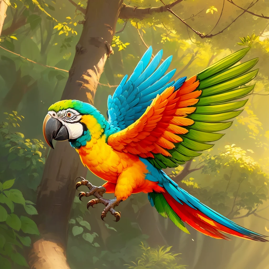 brightly colored parrot flying in the air in a forest, ethereal macaw, rare bird in the jungle, parrot, background artwork, pararel, colorful plumage, digital painting highly detailed, flying around the bird, tropical birds, colorful bird with a long, birb, detailed painting 4 k, cute detailed digital art, mobile game art, colorful hd picure