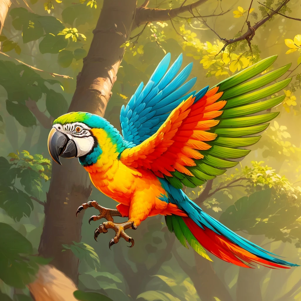 brightly colored parrot flying in the air in a forest, ethereal macaw, rare bird in the jungle, parrot, background artwork, pararel, colorful plumage, digital painting highly detailed, flying around the bird, tropical birds, colorful bird with a long, birb, detailed painting 4 k, cute detailed digital art, mobile game art, colorful hd picure