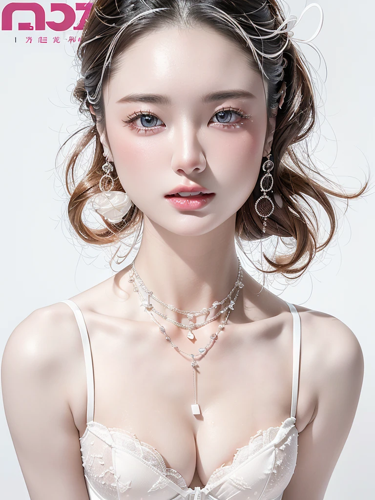 White Background、Professional Lighting、(((Professional Lighting 1.5)))、Translucent skin texture、Beautiful Skin、Beautiful Skin、、(((Whitening 1.5)))、White Bra、See-through、、??????? of Musical Notes、((White Bra1.5))、See-through1.5、Bust up photo、Simple earrings and necklace、(((Fashion magazine cover 1.5)))