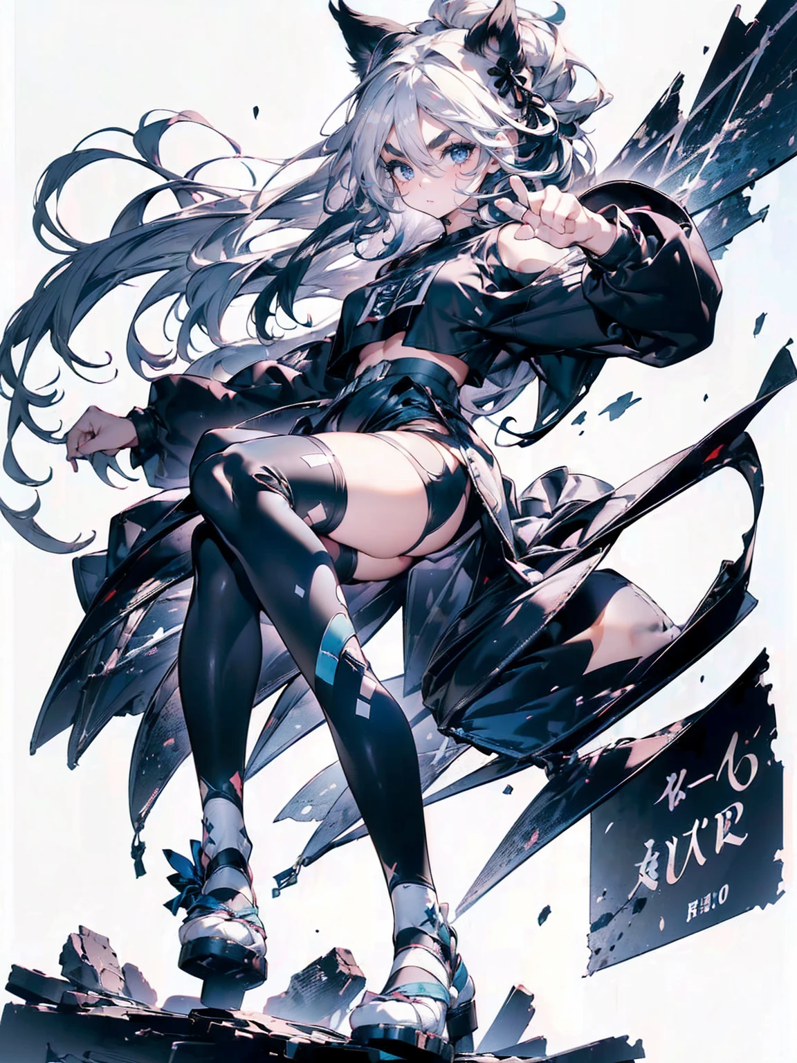 , (White Hair Girl), (Thick, dark blue eyebrows:1.4), (Dark blue eyebrows:1.7), (Thick eyebrows:1.3), (Huge black fluffy animal ears:1.1), (Black animal ears:1.1), BREAK, (((Mesh Stitching Crop T-Shirt, Cutout Long Sleeve Top))),BREAK, (Big Breasts:1.2, Thick legs, Adult female body, Sturdy body:1.5, Japanese style costume:1.5, Beautifully colored kimono:1.5,), ((Action pose:1.4 )), (sharp eyes, Ultra-high definition CG, Precisely designed costumes, 4K, 8K, Ultra-high definition CG, Simple outfit, Clear lines, Expressive and Captivating Eyes, Fine Details and Realistic Textures, cinematic lighting), ((white background)), BREAK, (Wearing black leggings with holes), Skinny sleeves, (Torn and holey leggings:1.2)(Black leggings:1.4), (過剰なRuggedThick soleブーツを履いています:1.2), (Thick sole:1.5), (Big shoes:1.3),