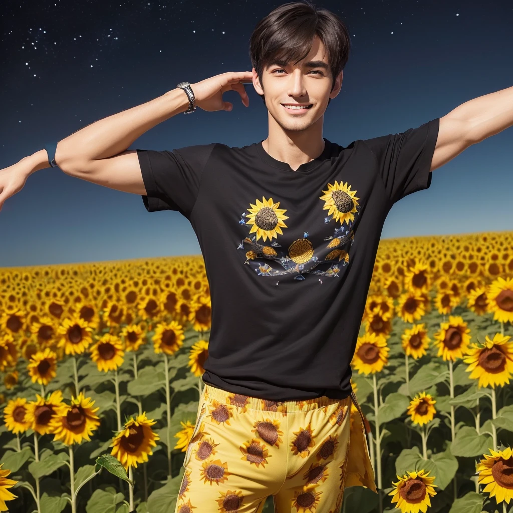 masterpiece,best quality,high quality,(1 male austere handsome solo adult age 30 years old:1.5), purple eyes, cool with suspended eyes, V-shaped eyebrows, body strong and fearless 8.5 head tall, height 185cm, (well-groomed black short hair down to neck:1.4), (bangs 7 thirds parted:1.4), slender nose, facial muscles, throat, (tee shirt with sunflower print summer fashion pants:1.3), (arms outstretched), (stylish pose), (cool smile:1.3), (background sunflower flower field:1.3), (night sky:1.3)