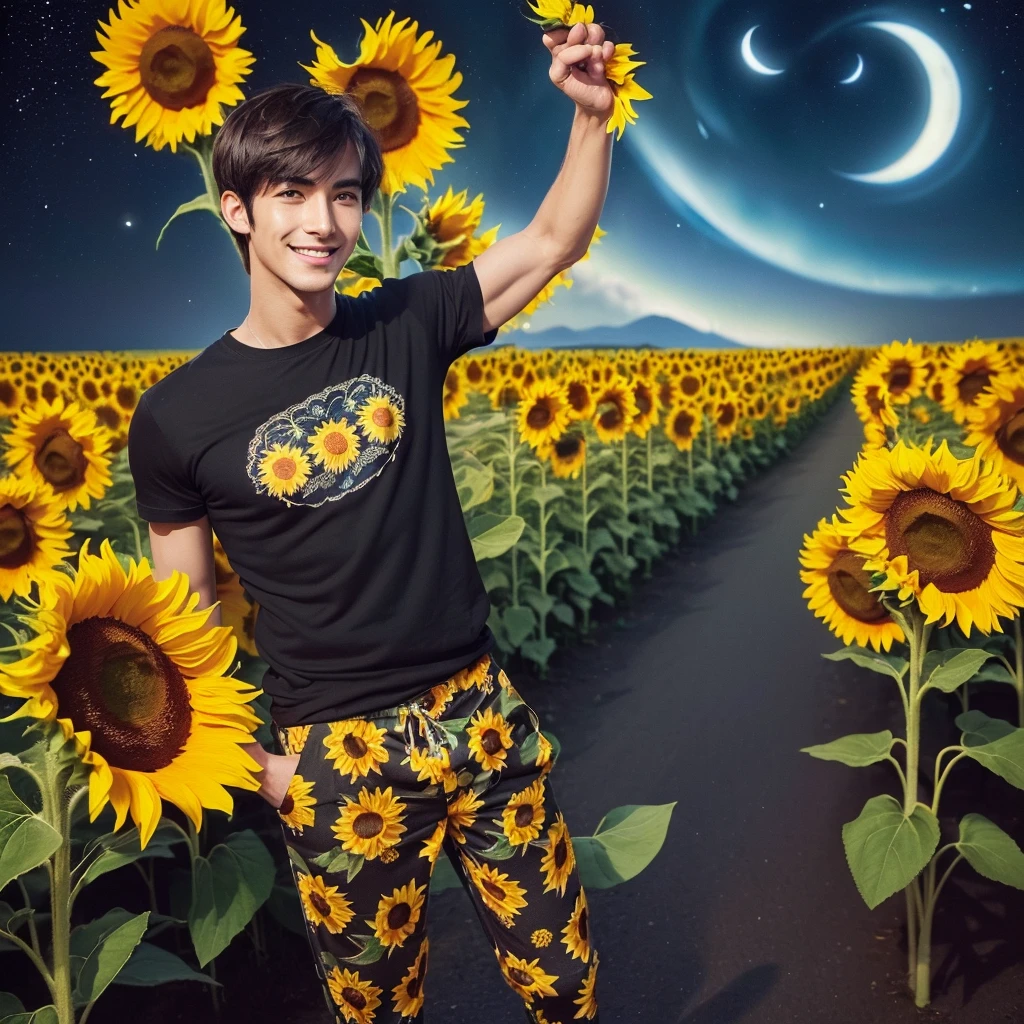 masterpiece,best quality,high quality,(1 male austere handsome solo adult age 30 years old:1.5), purple eyes, cool with suspended eyes, V-shaped eyebrows, body strong and fearless 8.5 head tall, height 185cm, (well-groomed black short hair down to neck:1.4), (bangs 7 thirds parted:1.4), slender nose, facial muscles, throat, (tee shirt with sunflower print summer fashion pants:1.3), (arms outstretched), (stylish pose), (cool smile:1.3), (background sunflower flower field:1.3), (night sky:1.3)