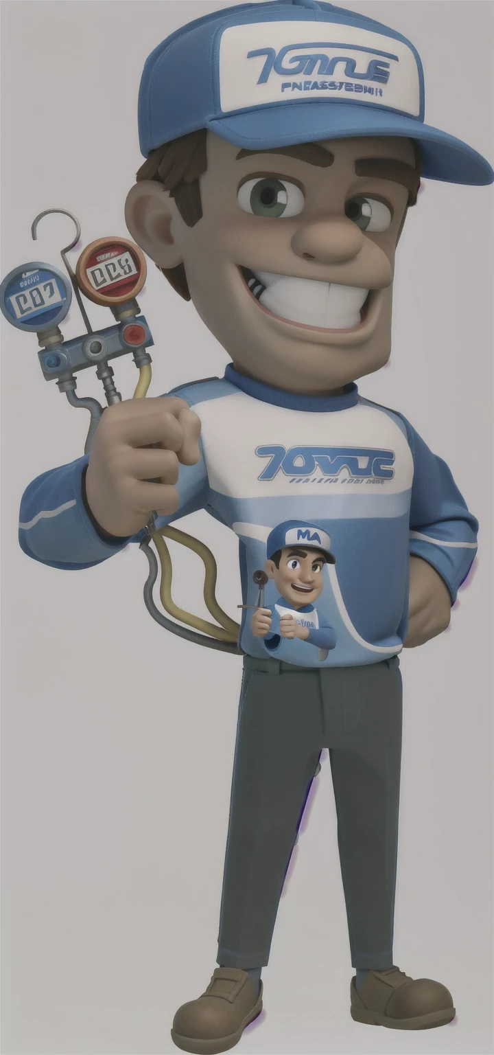 3d, Masterpiece artwork, disney pixar style man holding a pressure gauge, wearing cap, long sleeve shirt, mascote de corpo inteiro, official character illustration, wearing plumber uniform, Mascot Illustration, detailed illustration, caricature, promotional rendering, bright coloured, rgb