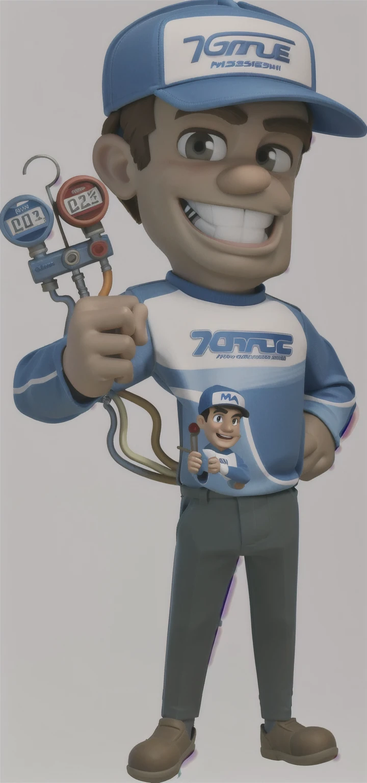 3d, Masterpiece artwork, disney pixar style man holding a pressure gauge, wearing cap, long sleeve shirt, mascote de corpo inteiro, official character illustration, wearing plumber uniform, Mascot Illustration, detailed illustration, caricature, promotional rendering, bright coloured, rgb