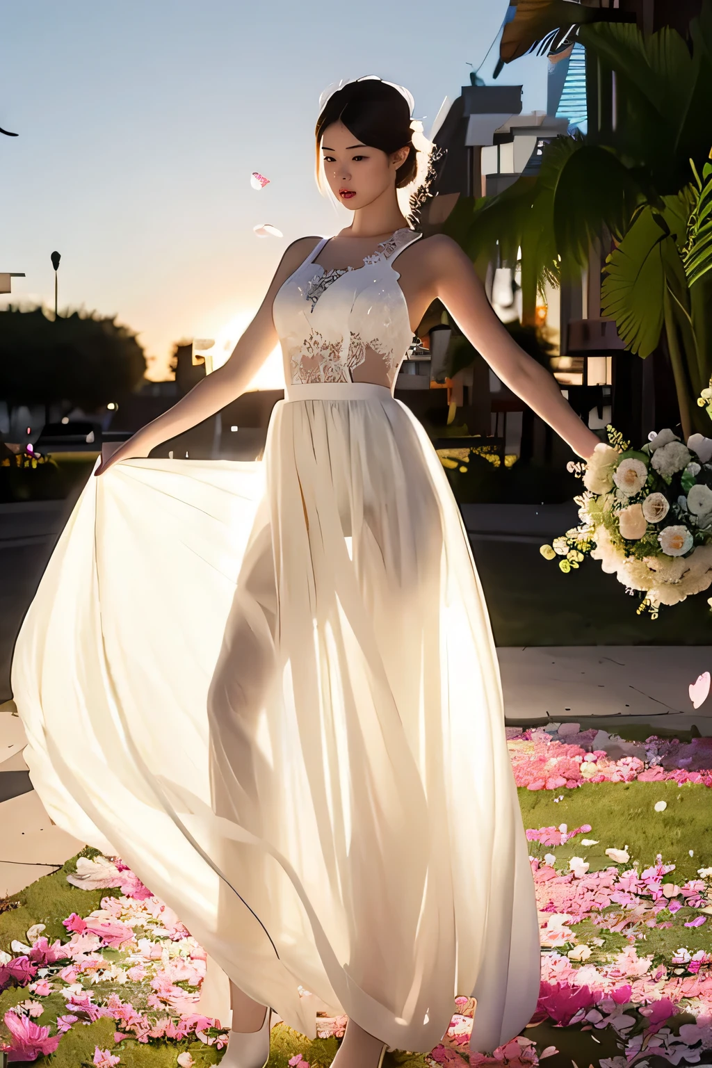 (masterpiece, best quality:1.2), 1girl, solo, delicate face, white-skinned female, see-through silhouette, white dress, full body,outdoor,chiffon skirt, lace skirt,surrounding by flowers,falling_petals, outdoors, petals,