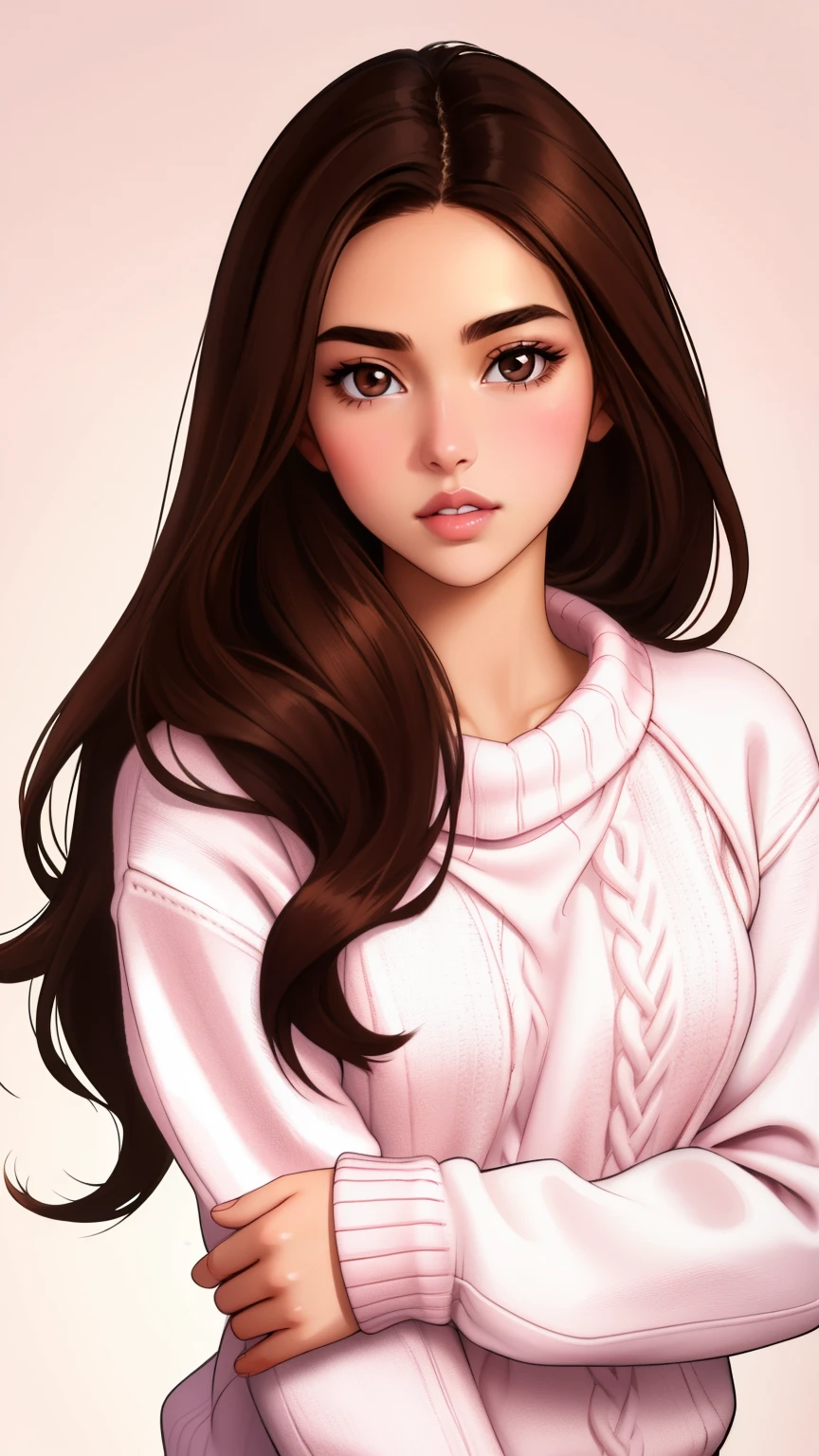 Girl, long straight brown hair, brown eyes, sharp features, white skin, pink lips, soft and delicate, perfect, sweater
