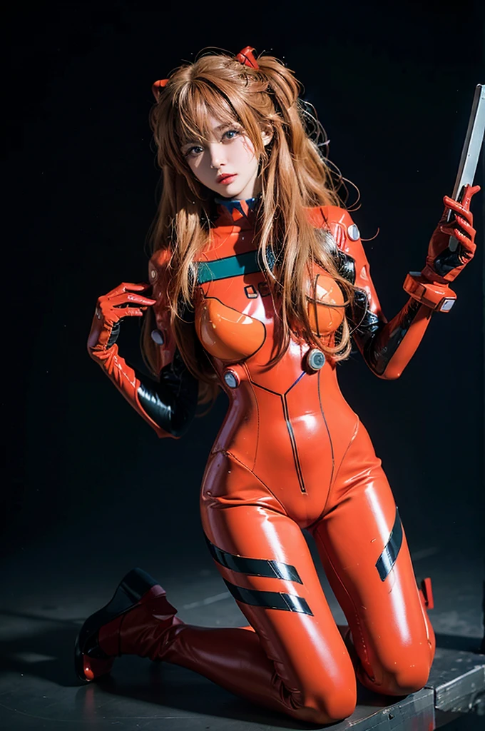 best quality, masterpiece, realistic, photorealistic, 1girl, solo, looking at viewer, full body, kneeling, long hair, asuka cosplay costume, cosplay, plugsuit, bodysuit, hair ornament, simple background, crying