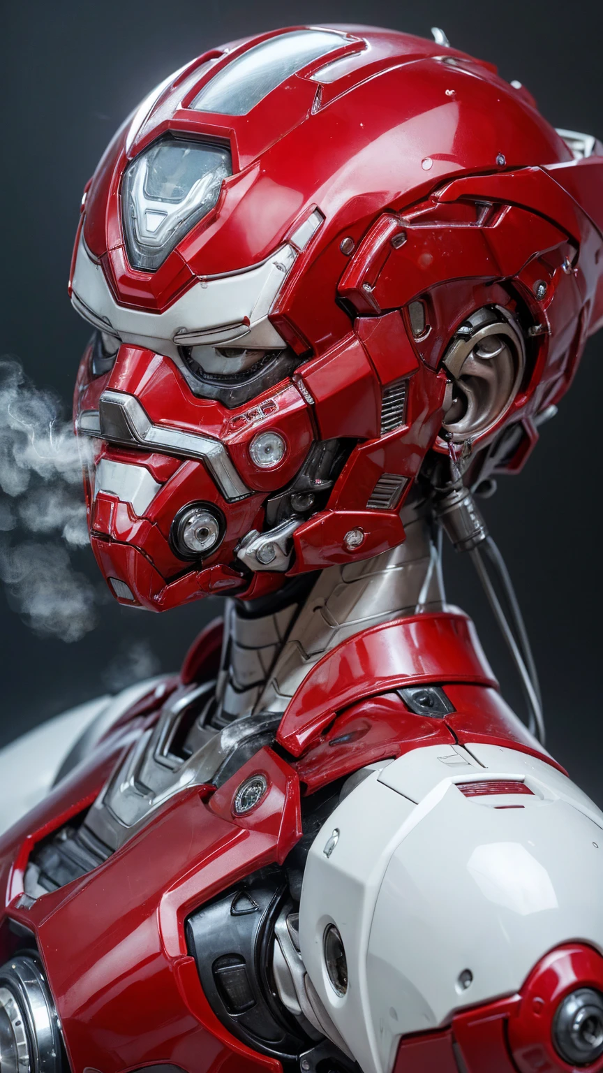 Highest quality 8k Red Iron Man Suit Girl Japanese middle-aged women Sweaty face cute short hair boyish Steam coming out of my head My hair is wet with sweat The feel of black hair Full body portrait My upper body is soaked Airtight headgear I can see the vagina Lying in bed Futuristic gas mask Steam coming out of the body