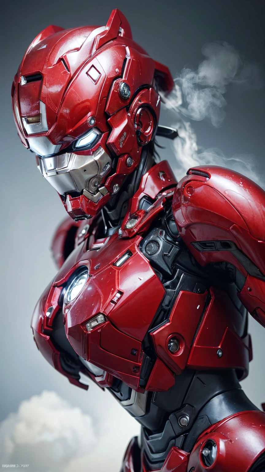 Highest quality 8k Red Iron Man Suit Girl Japanese middle-aged women Sweaty face cute short hair boyish Steam coming out of my head My hair is wet with sweat The feel of black hair Full body portrait My upper body is soaked Airtight headgear I can see the vagina Lying in bed Futuristic gas mask Steam coming out of the body