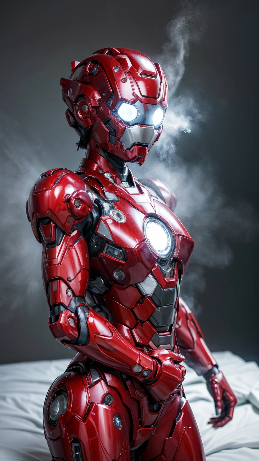Highest quality　8k Red Iron Man Suit Girl　Japanese middle-aged women　Sweaty face　cute　short hair　boyish　Steam coming out of my head　My hair is wet with sweat　The feel of black hair　Full body portrait　My upper body is soaked　 Airtight headgear　I can see the vagina　Lying in bed　Futuristic gas mask　Steam coming out of the body