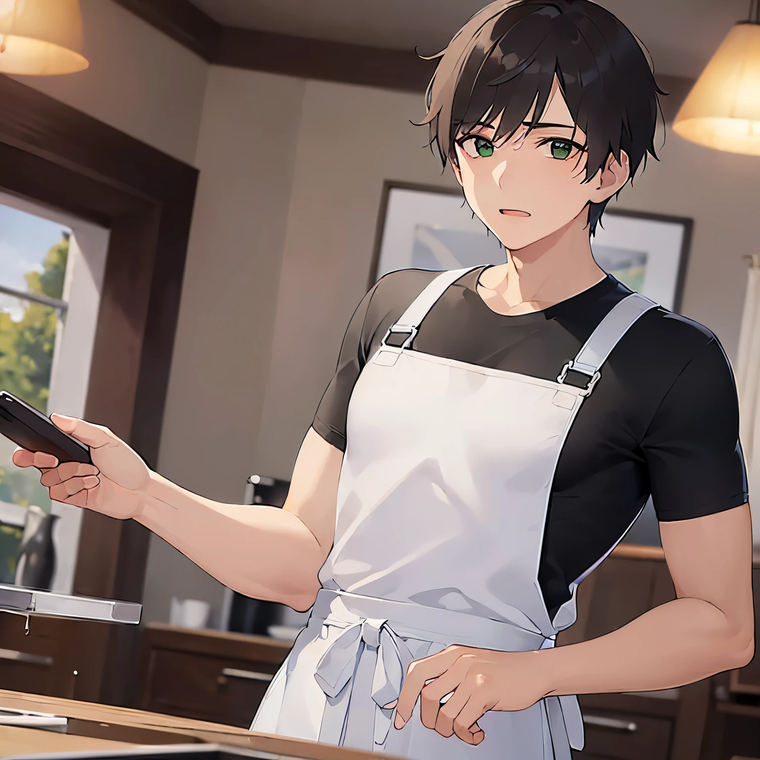 (25-year-old male:1.5) and (Brown short hair) and (Green Eyes),(looking at viewer:1.5),upper body,shiny skin,masterpiece、Highest quality、The background is the living room at night,(alone:1.5)、Wearing a black shirt、Wearing an apron,surprised