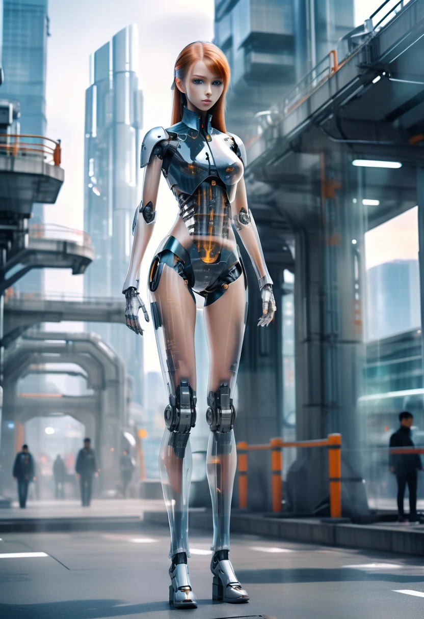 A translucent and mysterious mechanical girl,Futuristic Girl,Mechanical Joint Technician,Futuristic city background((Facing forward)),((Full body images)),((Long, slender legs))((Are standing))