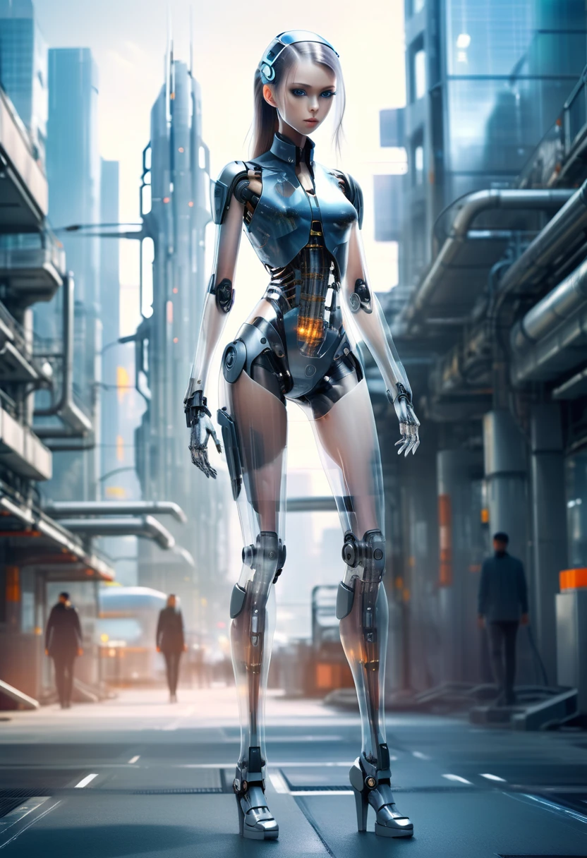 A translucent and mysterious mechanical girl,Futuristic Girl,Mechanical Joint Technician,Futuristic city background((Facing forward)),((Full body images)),((Long, slender legs))((Are standing))