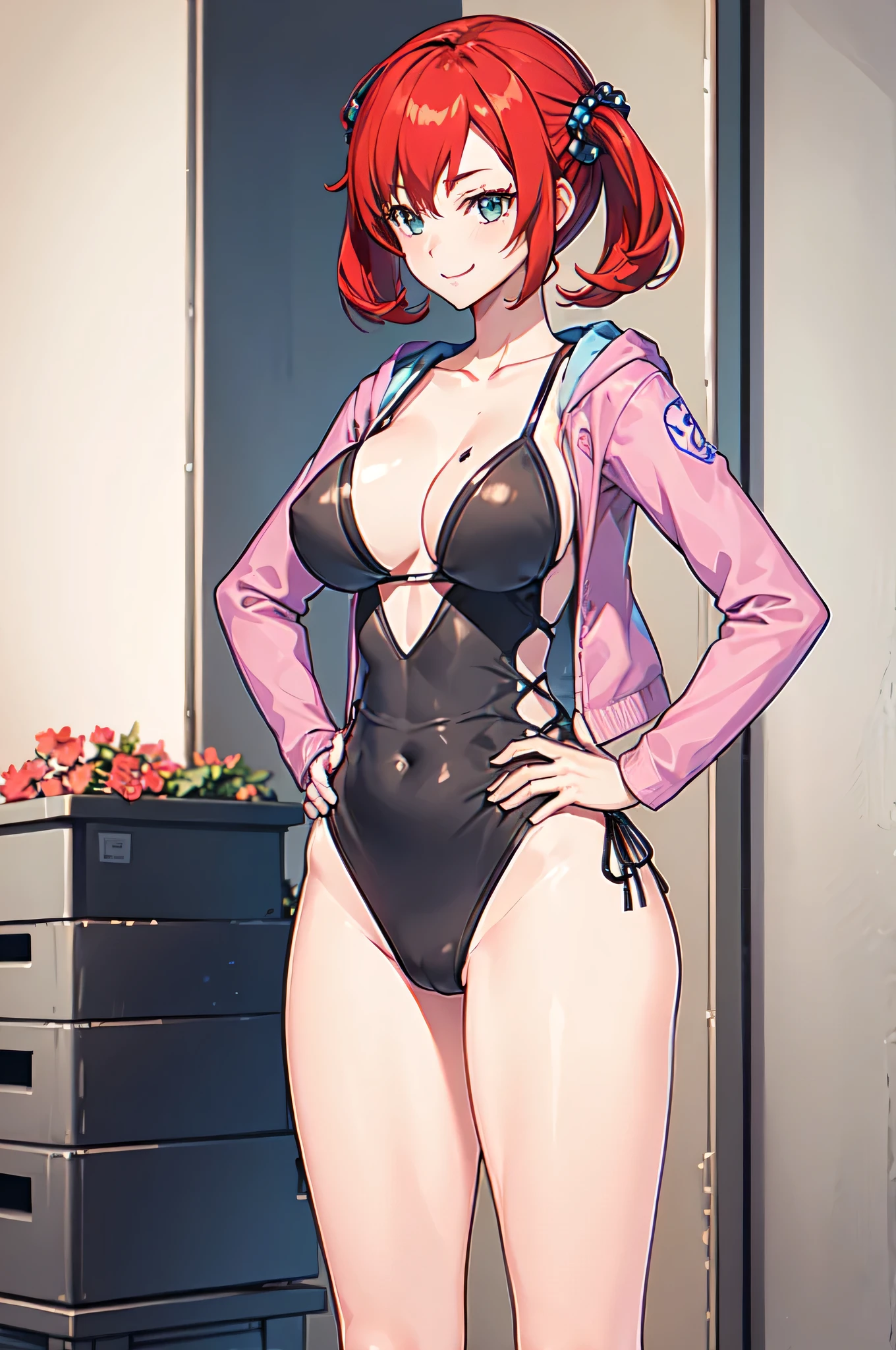smile、Straight、(Put your hands on your hips,:1.3)、1woman、solo、DSCS-Nokia、Red hair、Short Hair、Short Twin Tails、Pink leotard、leotard top with an camisole、Pink jacket、leotard bottom with an high leg、hair ornaments、Big Breasts、cleavage、A woman with very large breasts、Black knee socks、absurdes、ultra detailed、masterpiece、Highest quality、beautiful、detailed、